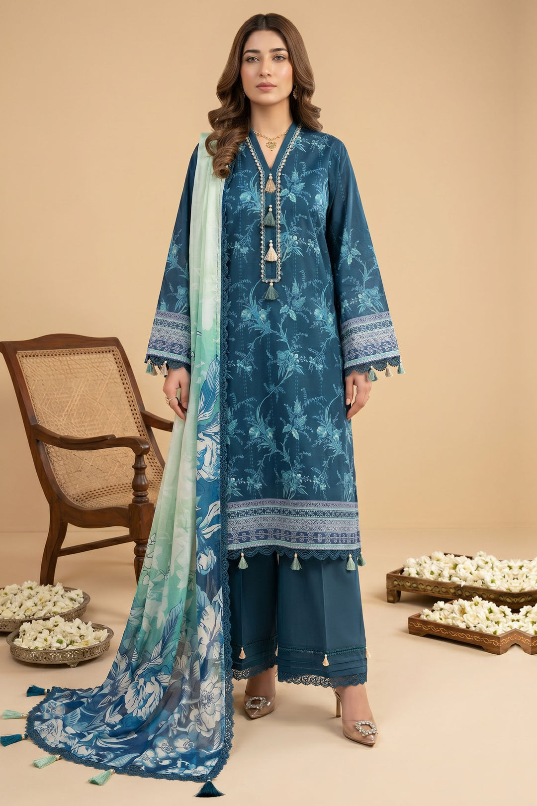 3 Piece Unstitched Blue Premium Lawn
