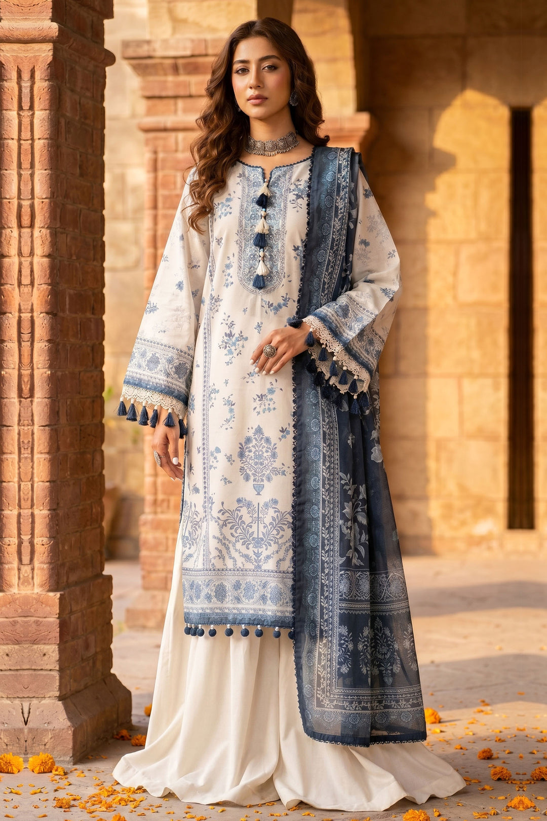 3 Piece Unstitched White Premium Lawn