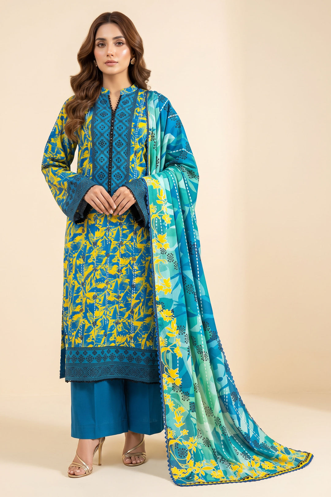 3 Piece Unstitched Azure Blue Premium Linen