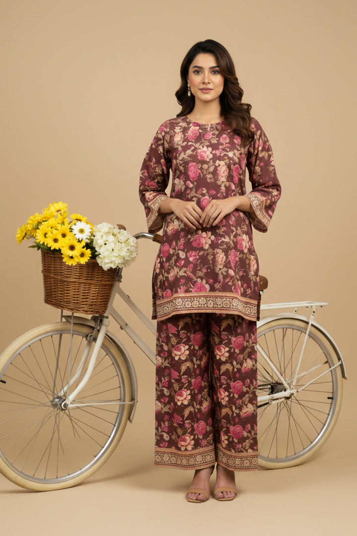 Unstitched Premium Merlot red Printed Co-Ord Set