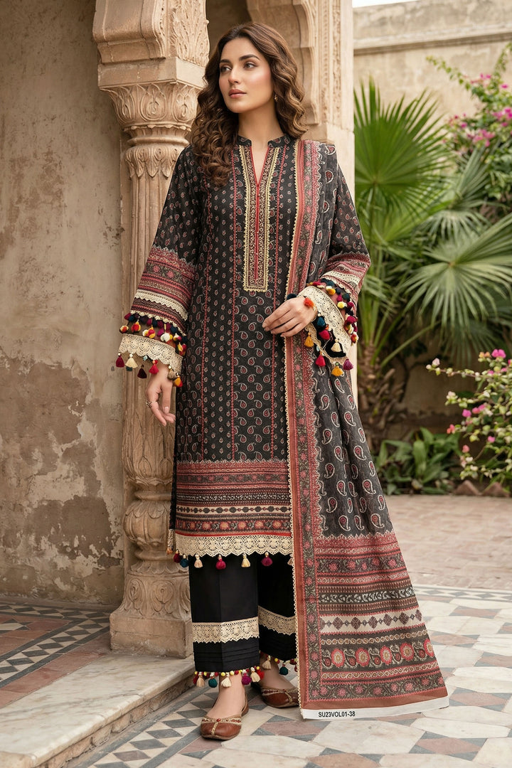 Black 3 Piece Unstitched Premium Printed Lawn