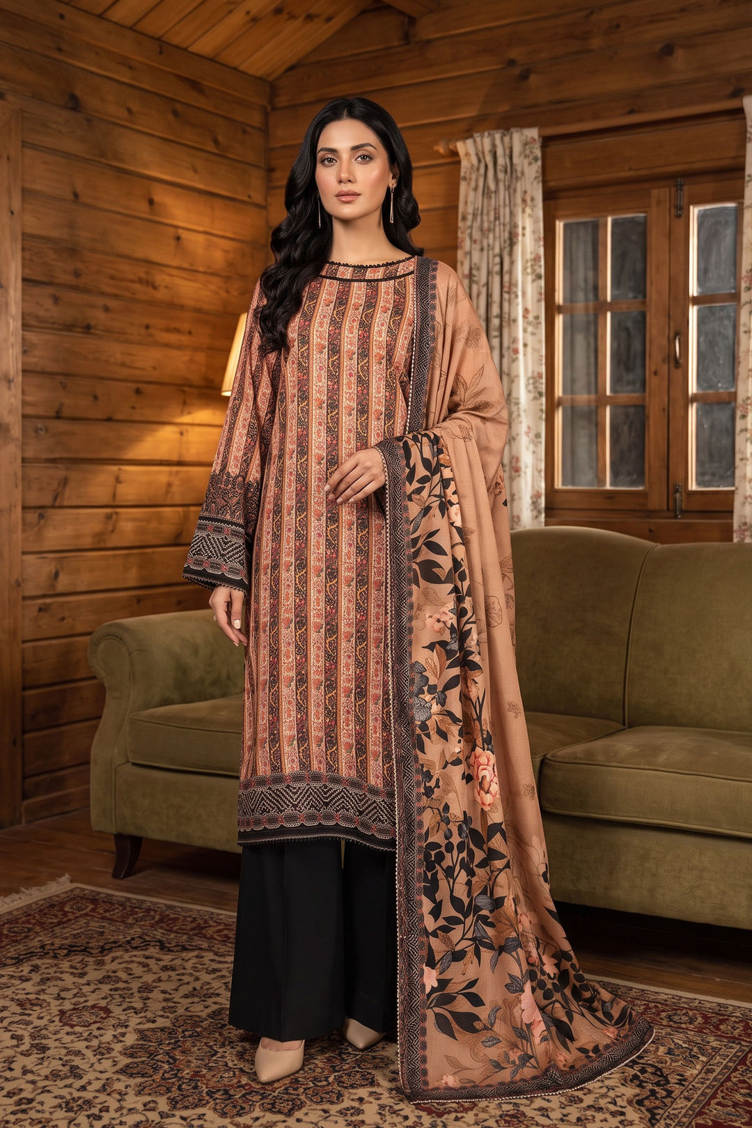 3 Piece Unstitched Brown Premium Linen