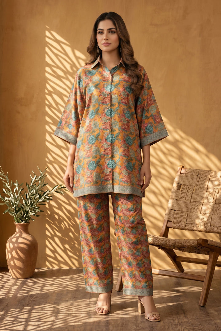 Dull Orange 2 Piece Unstitched Printed Cambric Co-Ord Set