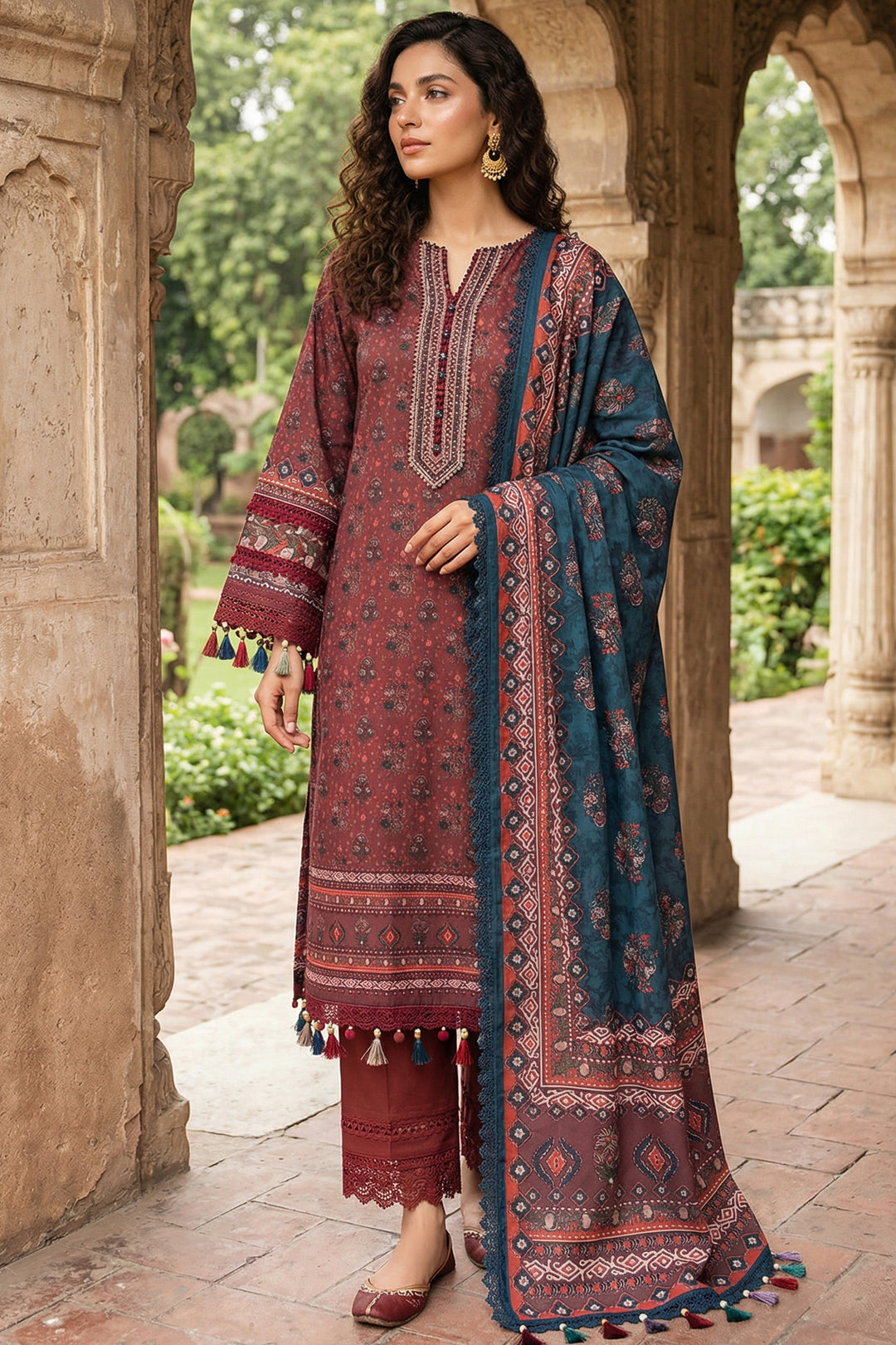 Wine 3 Piece Unstitched Premium Printed Lawn
