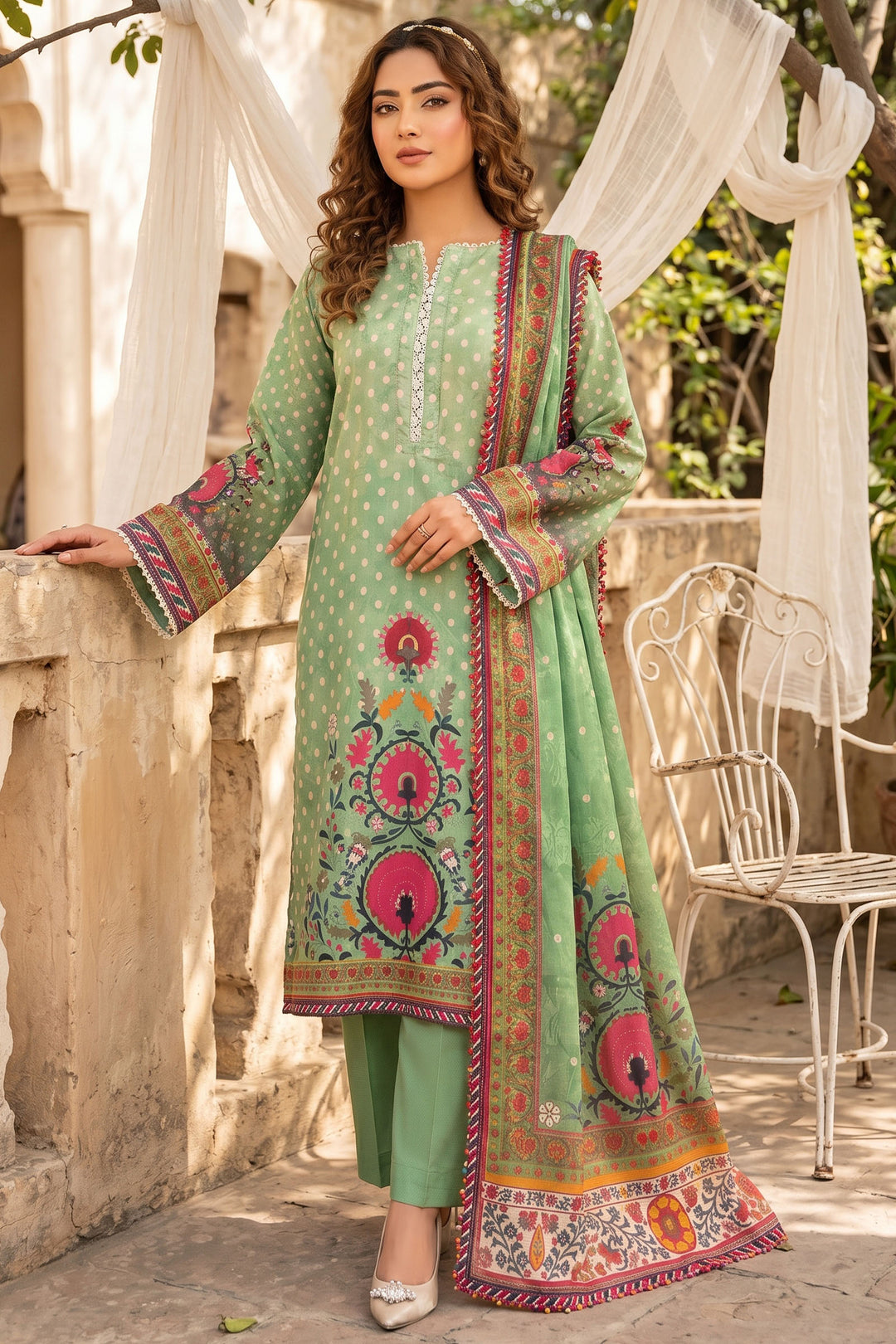 3 Piece Unstitched Green Premium Lawn