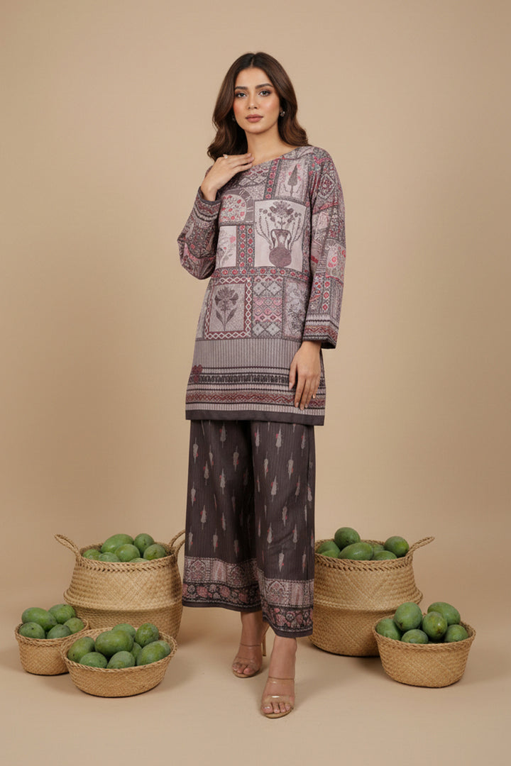 Medium Taupe 2 Piece Unstitched Printed Cambric Co-Ord Set
