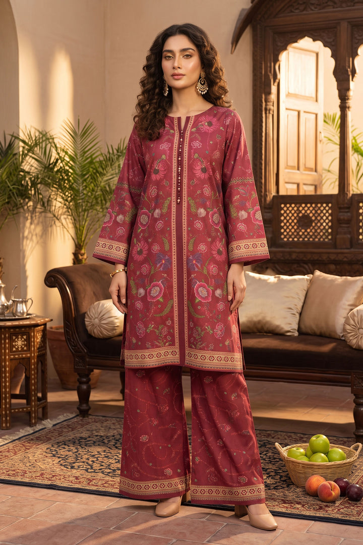 Brick Red 2 Piece Unstitched Printed Cambric Co-Ord Set