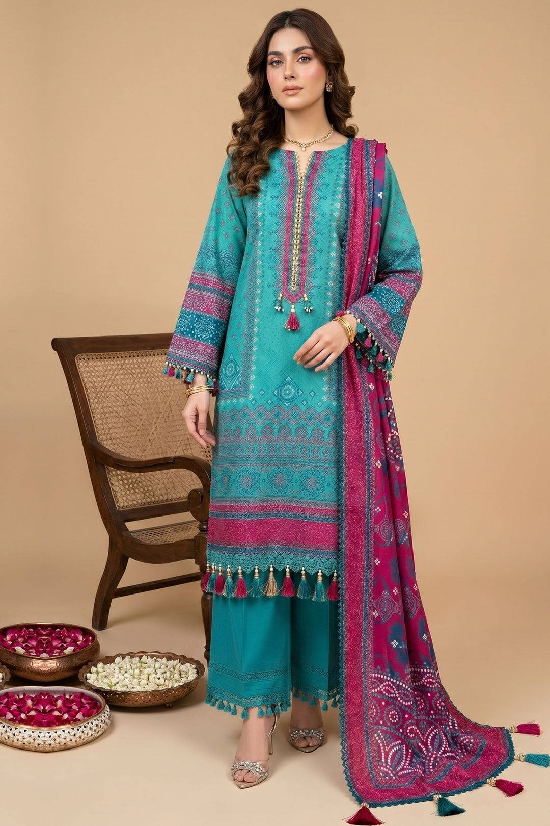 3 Piece Unstitched Cyan Premium Lawn