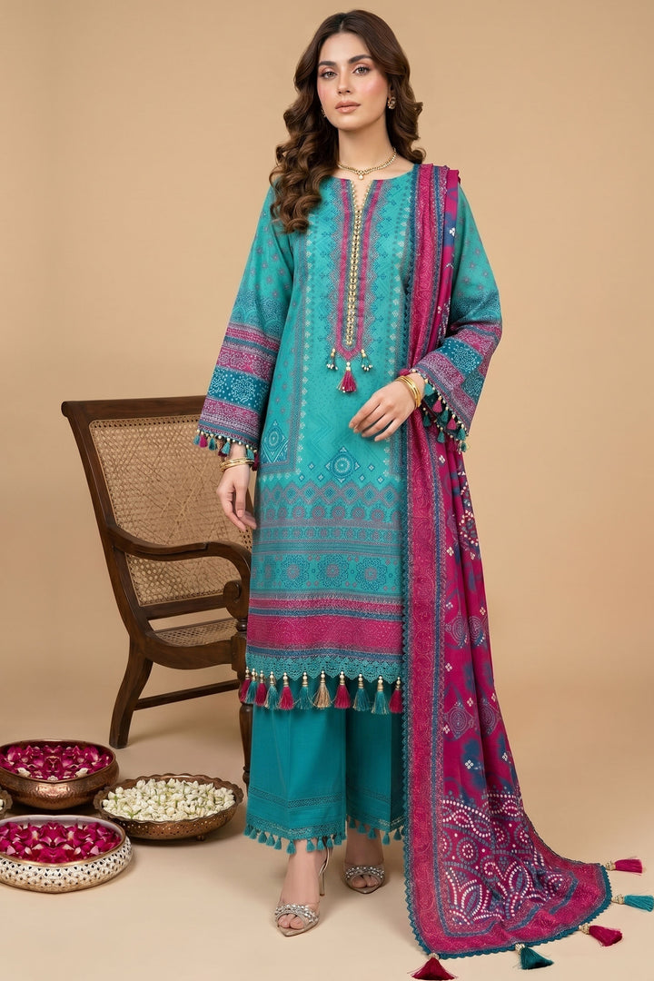 3 Piece Unstitched Cyan Premium Lawn