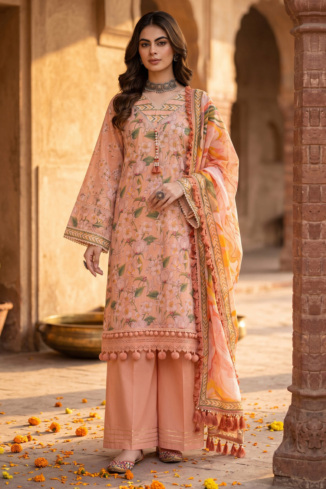 3 Piece Unstitched Peach Premium Lawn