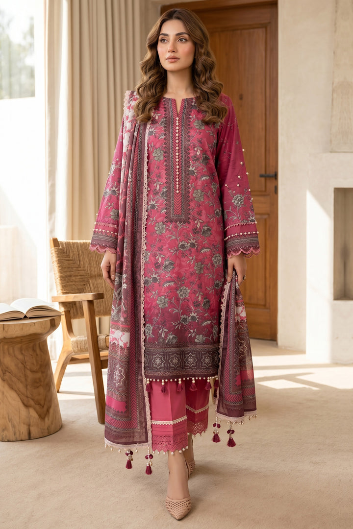 Pinkish Red 3 Piece Unstitched Premium Printed Lawn