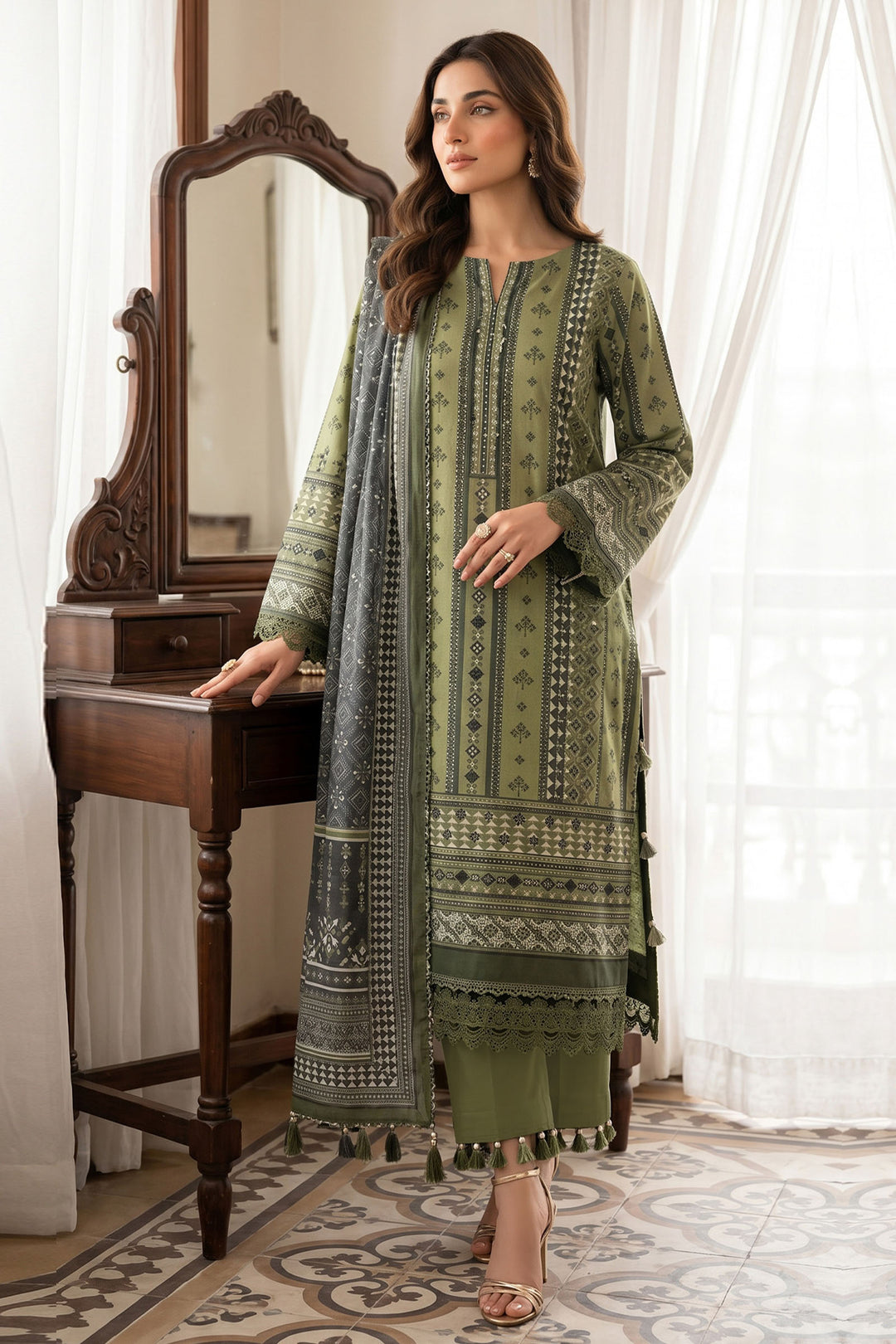Olive Green 3 Piece Unstitched Premium Printed Lawn