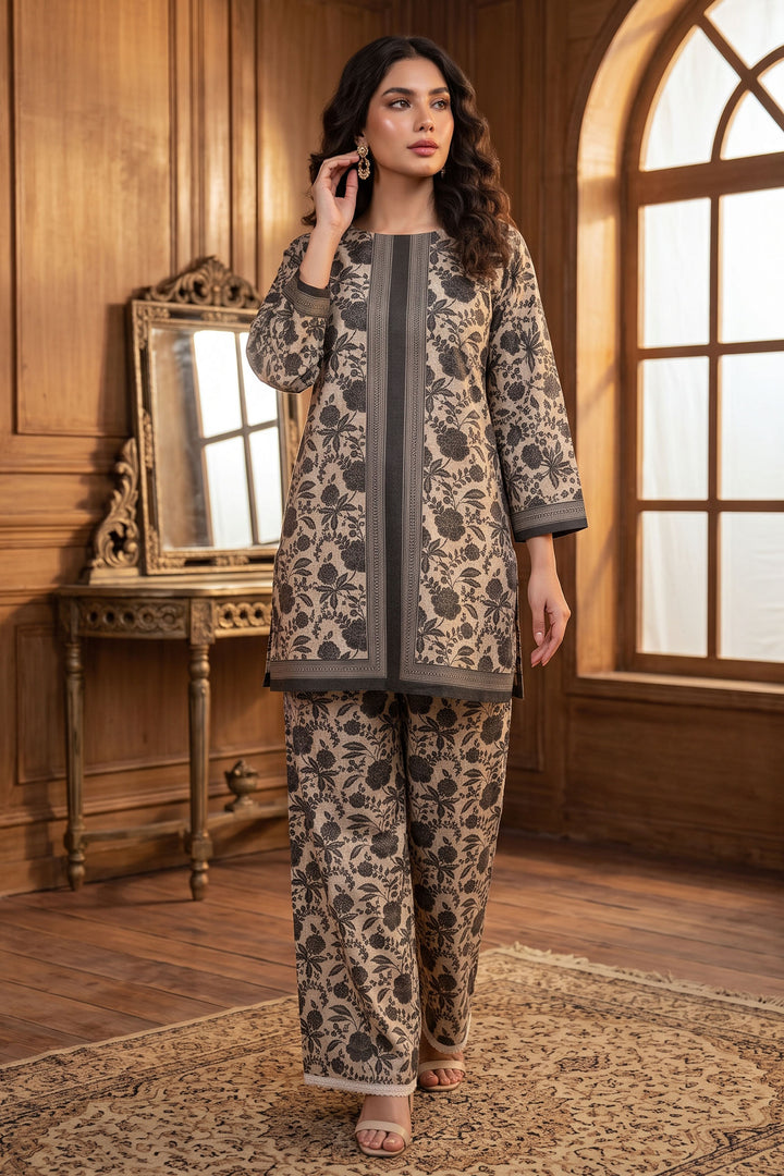 Brown 2 Piece Unstitched Printed Cambric Co-Ord Set