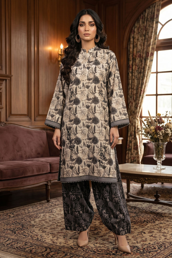 Dark Taupe 2 Piece Unstitched Printed Cambric Co-Ord Set