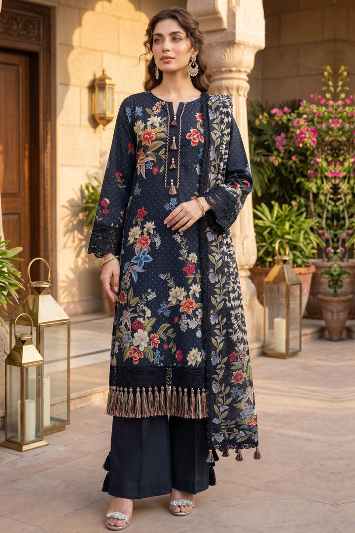 3 Piece Unstitched Black Premium Lawn