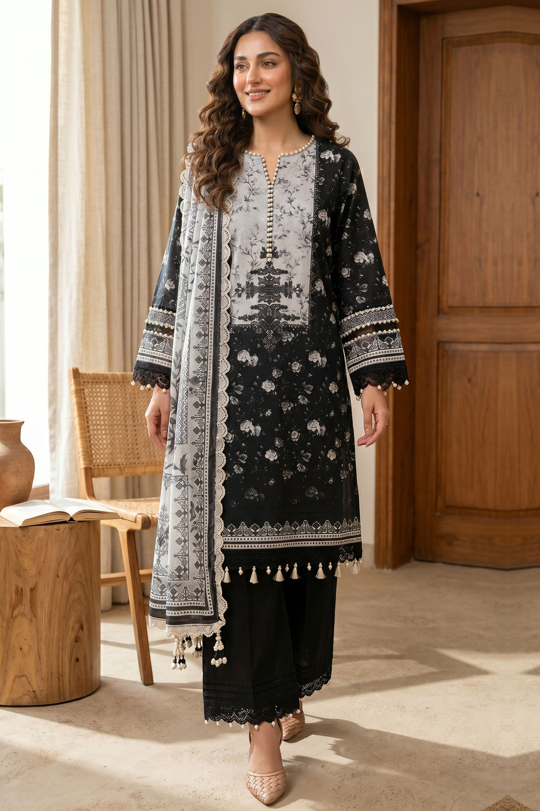 Black 3 Piece Unstitched Premium Printed Lawn