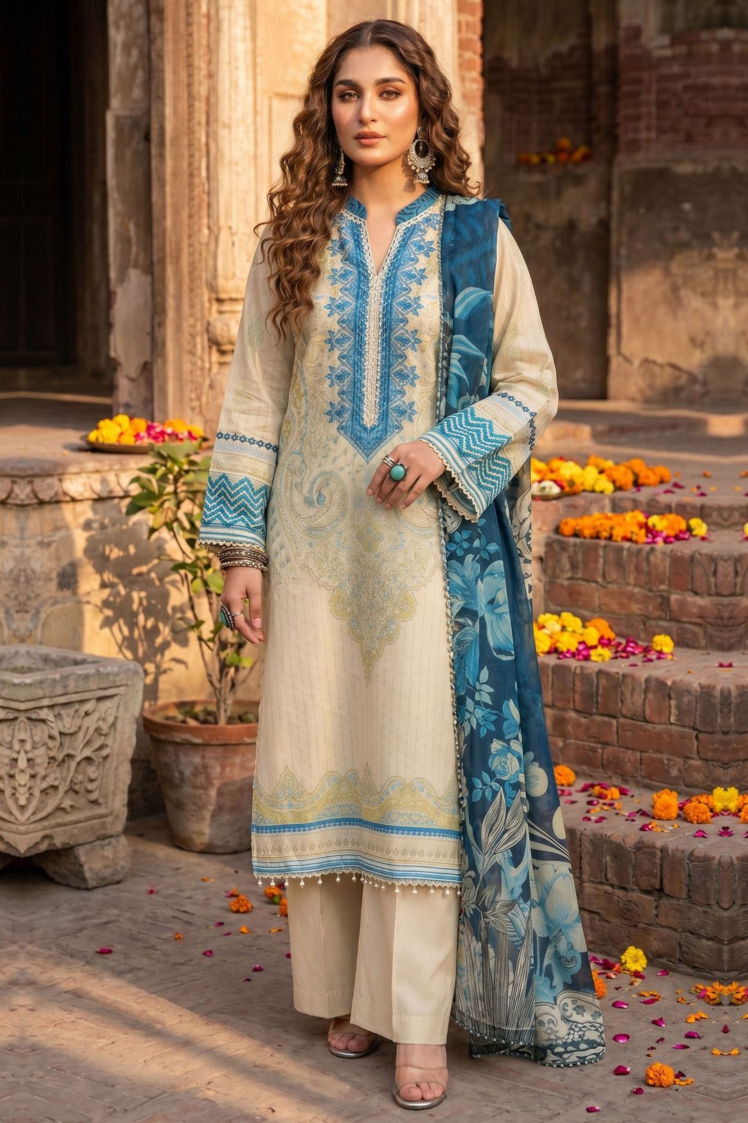 3 Piece Unstitched Ivory Premium Lawn