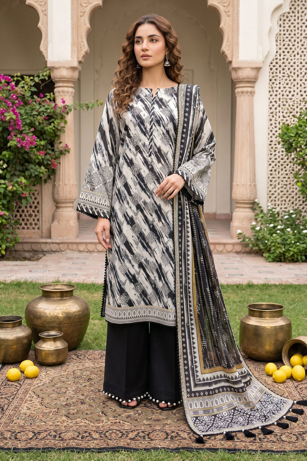 3 Piece Unstitched Black Premium Lawn - Unstitched Lawn Suit | Jacquard Clothing
