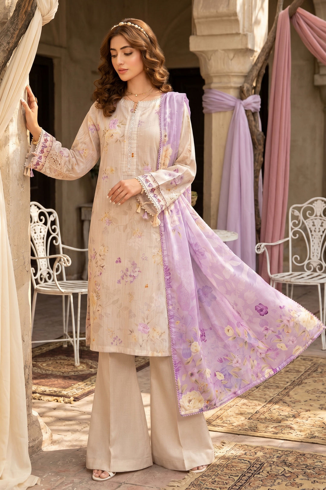 3 Piece Unstitched Beige Premium Lawn