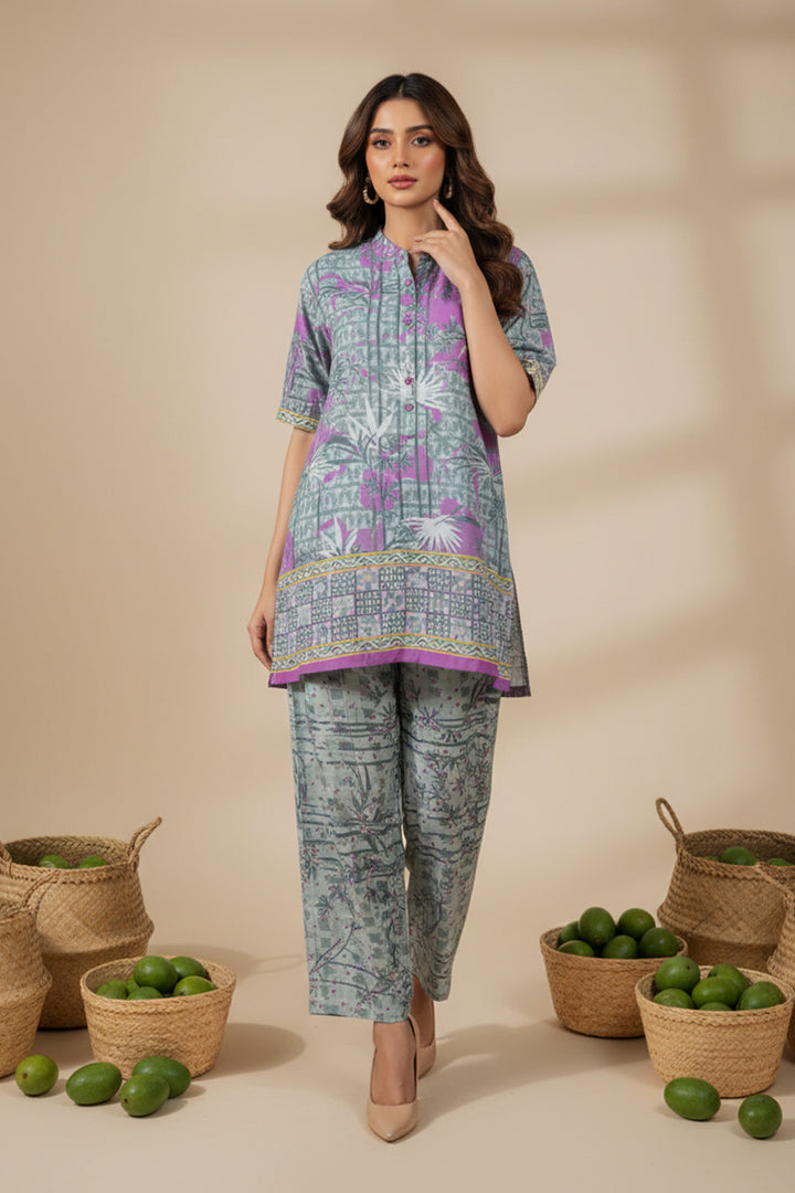 Pastel Purple 2 Piece Unstitched Printed Cambric Co-Ord Set