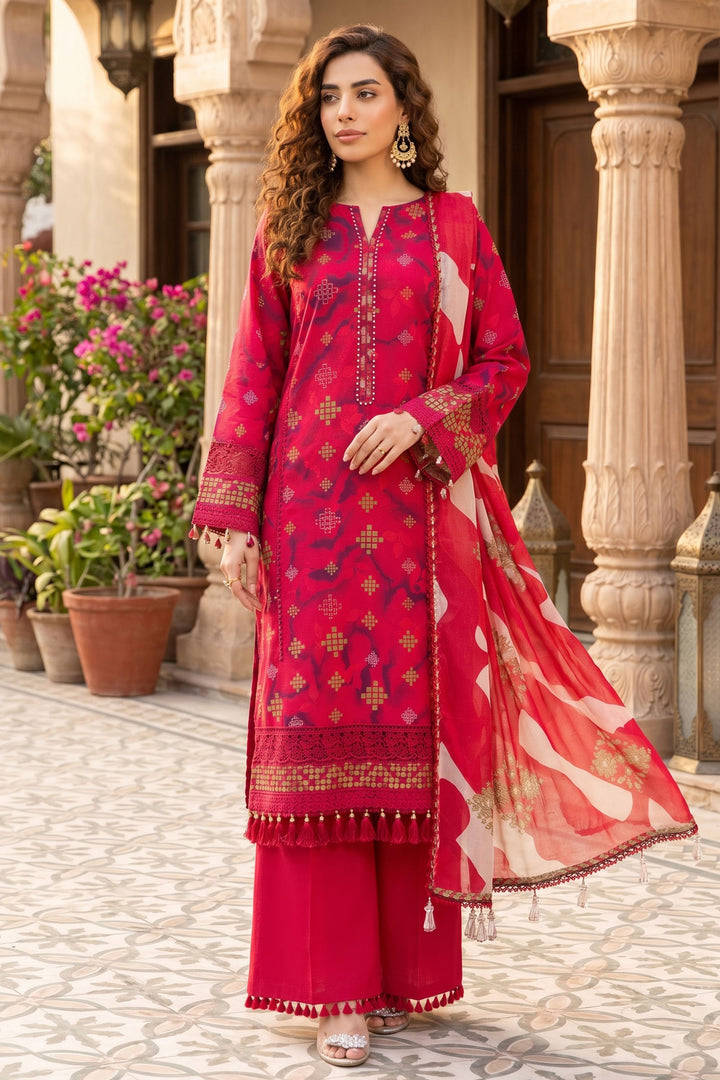 3 Piece Unstitched Red Premium Lawn