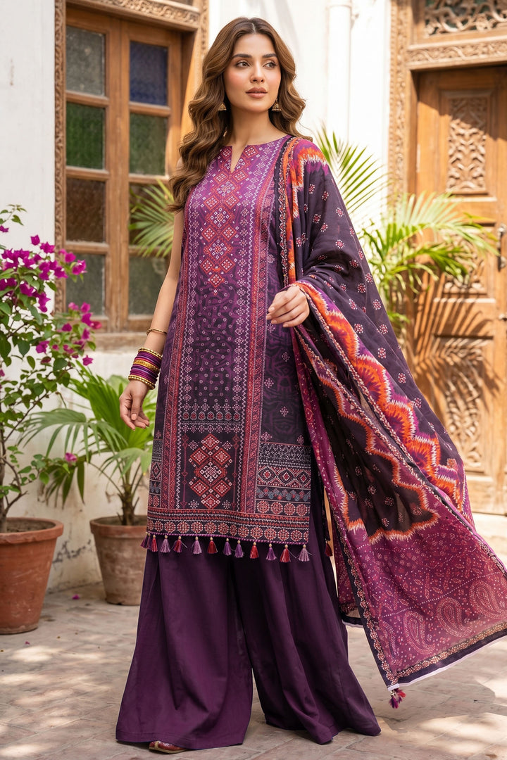 Plum Purple 3 Piece Unstitched Premium Printed Lawn