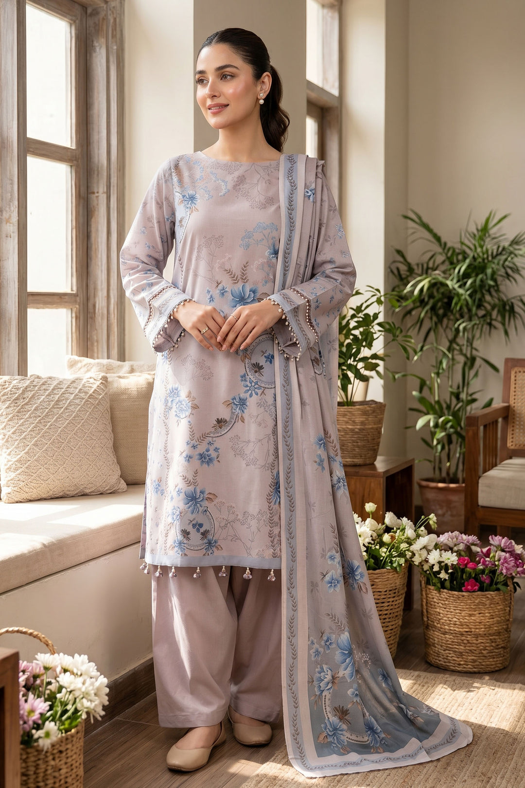 Smokey Gray 3 Piece Unstitched Premium Printed Lawn