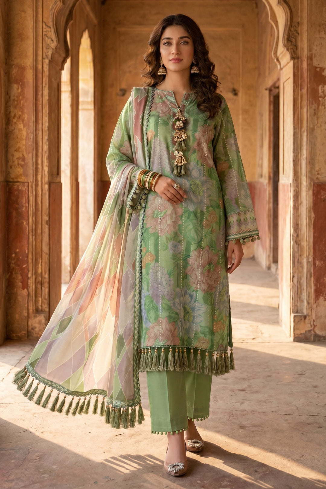 3 Piece Unstitched Green Premium Lawn