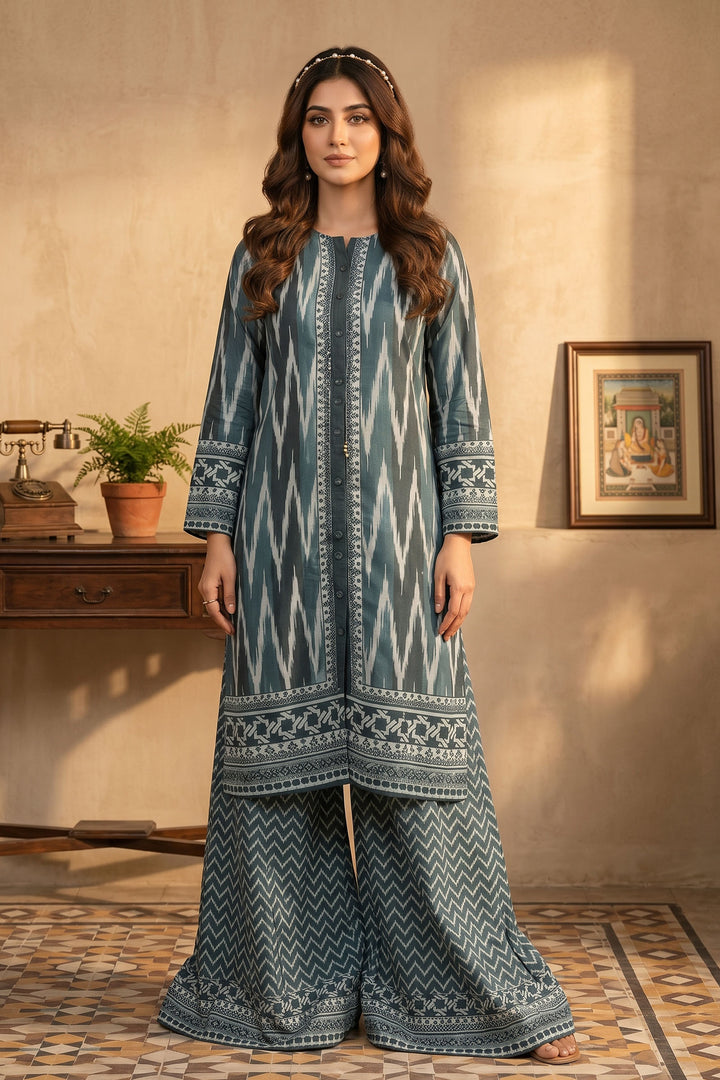 2 Piece Teal Blue Unstitched Printed Cambric Co-Ord Set