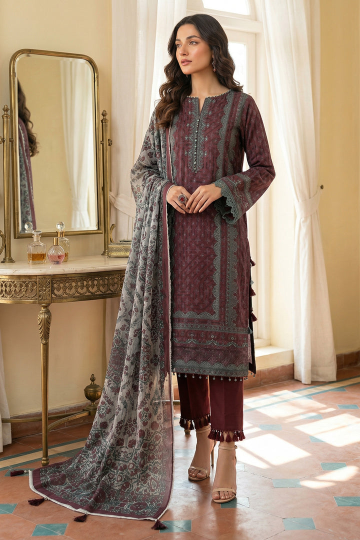 3 Piece Unstitched Deep Coffee Premium Printed Lawn