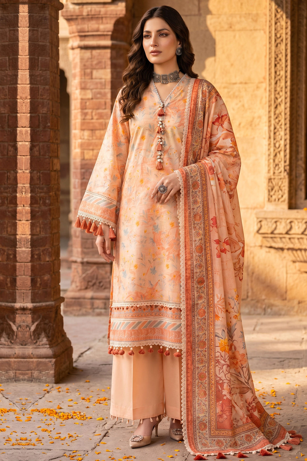 3 Piece Unstitched Orange Premium Lawn