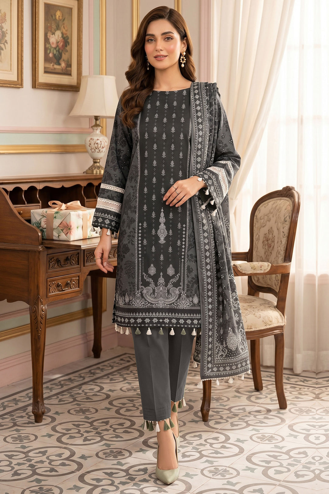 Fuscous Grey 3 Piece Unstitched Premium Printed Lawn