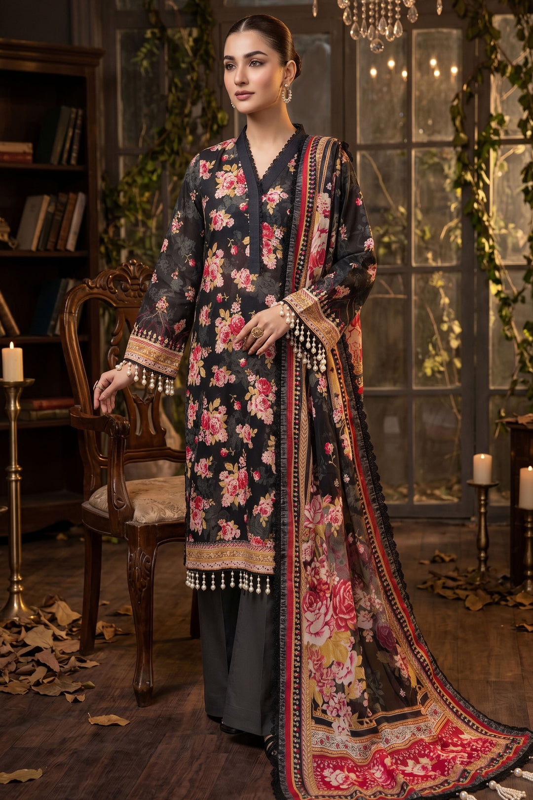 3 Piece Unstitched Black Premium Lawn