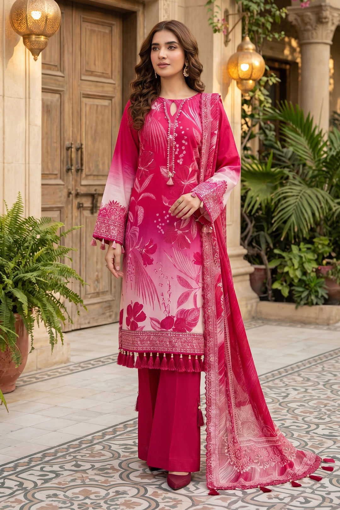 3 Piece Unstitched Raspberry Premium Lawn
