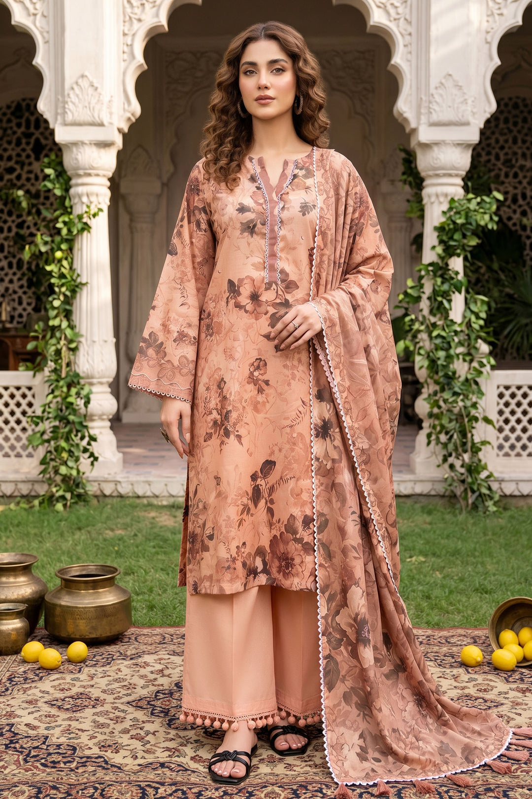 3 Piece Unstitched Peach Premium Lawn