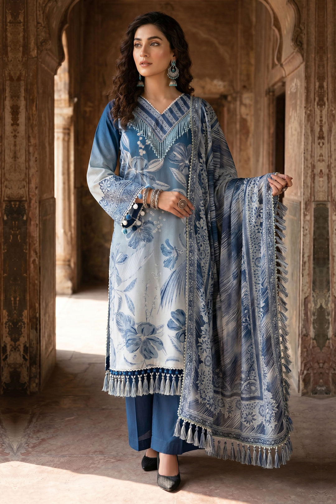 3 Piece Unstitched Blue Premium Lawn