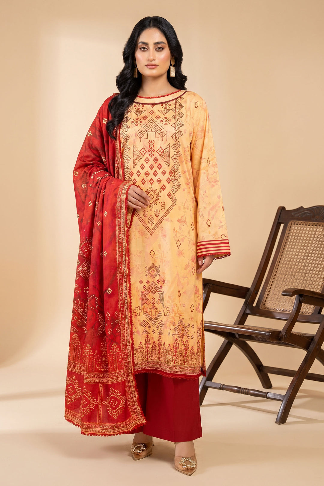 3 Piece Unstitched Apricot Premium Linen
