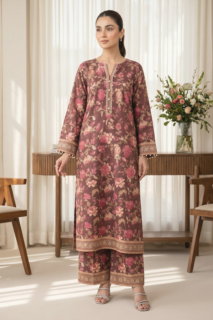 2 Piece Merlot Red Unstitched Printed Cambric Co-Ord Set
