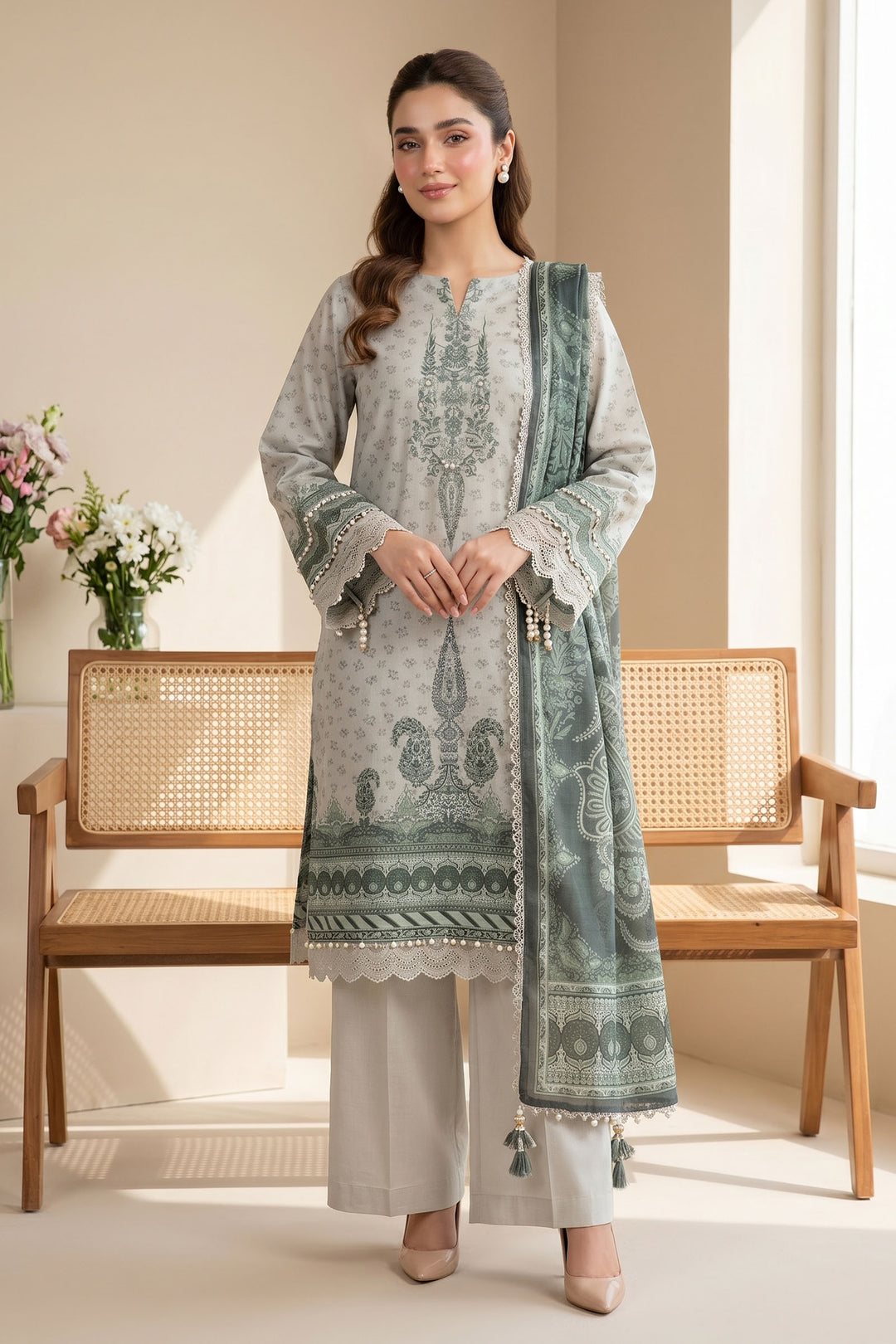 Gray 3 Piece Unstitched Premium Printed Lawn
