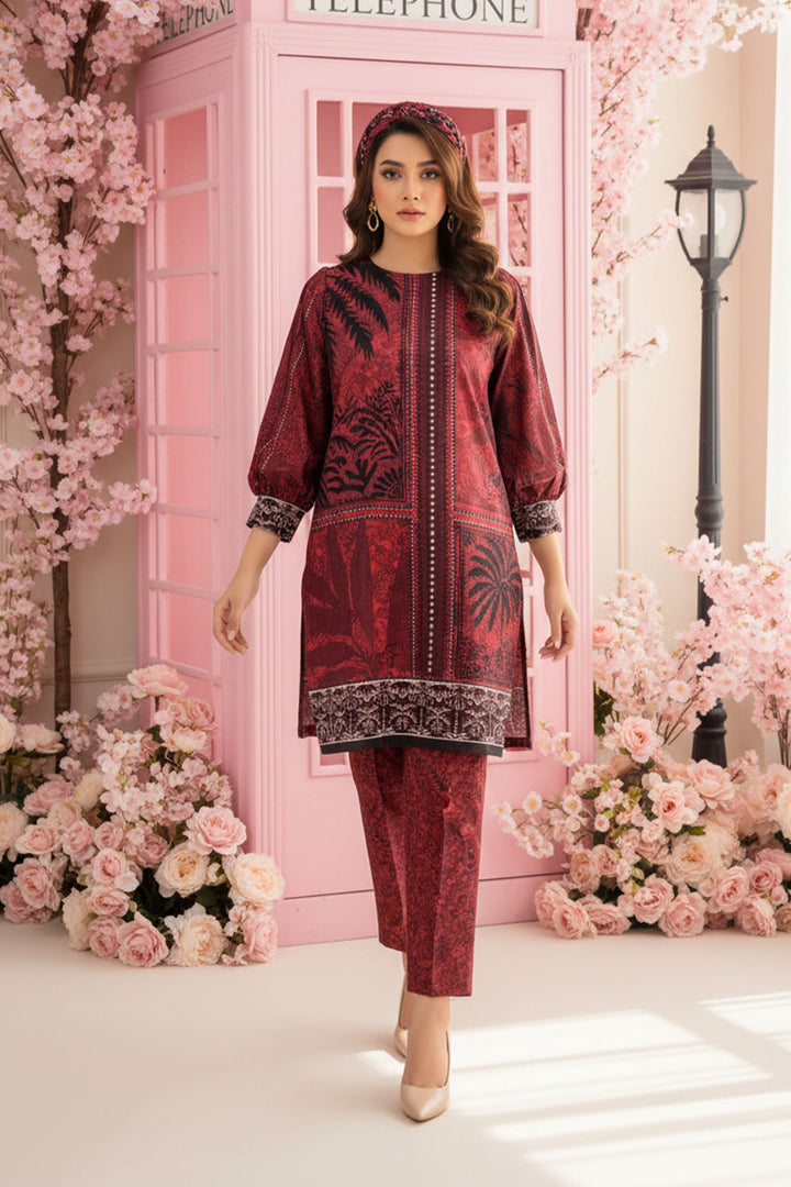 Wine 2 Piece Unstitched Printed Cambric Co-Ord Set