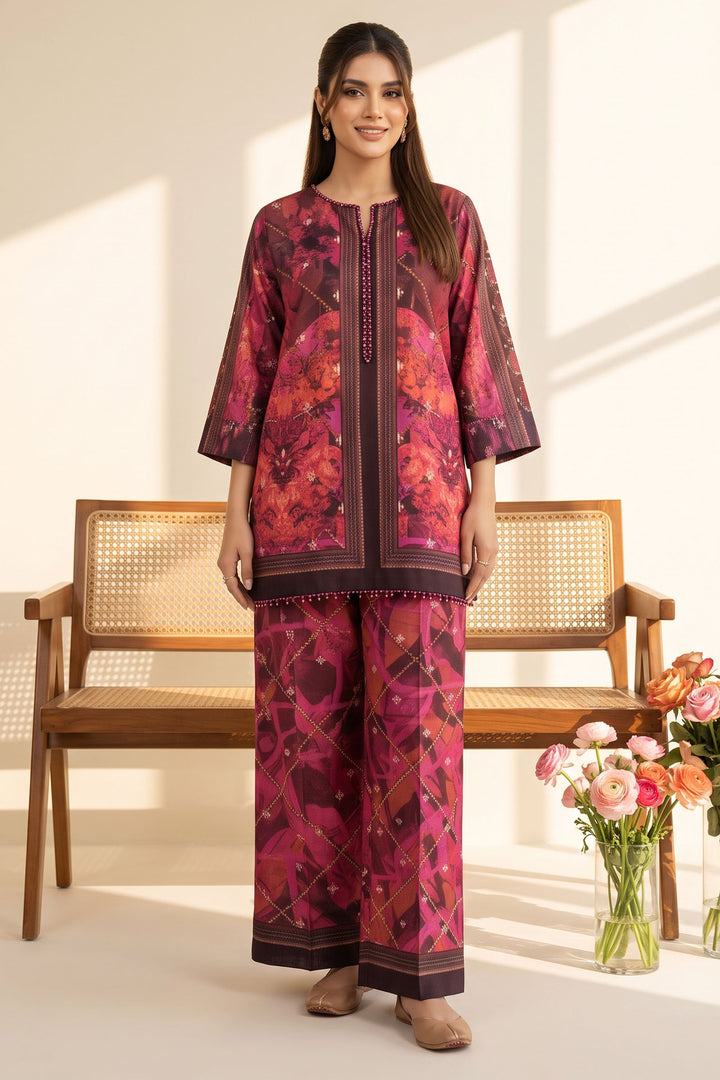 Red Brown 2 Piece Unstitched Printed Cambric Co-Ord Set