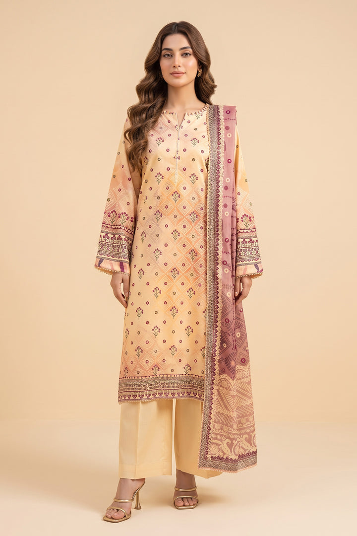 3 Piece Unstitched Beige Premium Linen