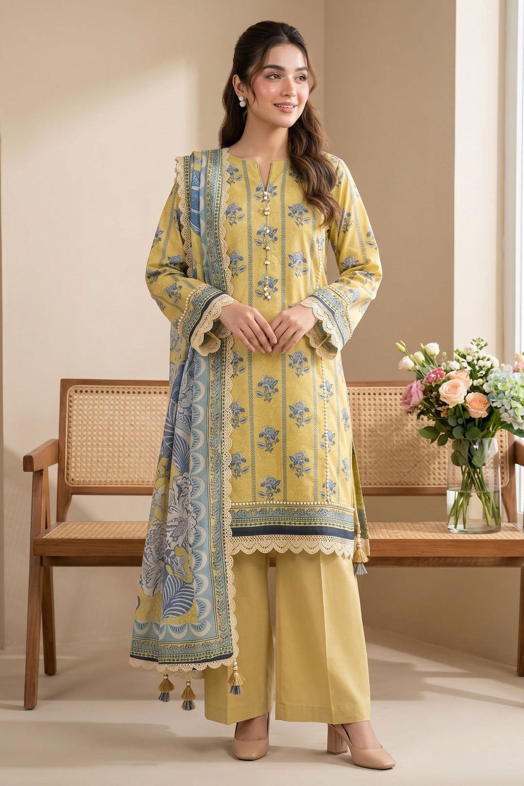 Yellow 3 Piece Unstitched Premium Printed Lawn