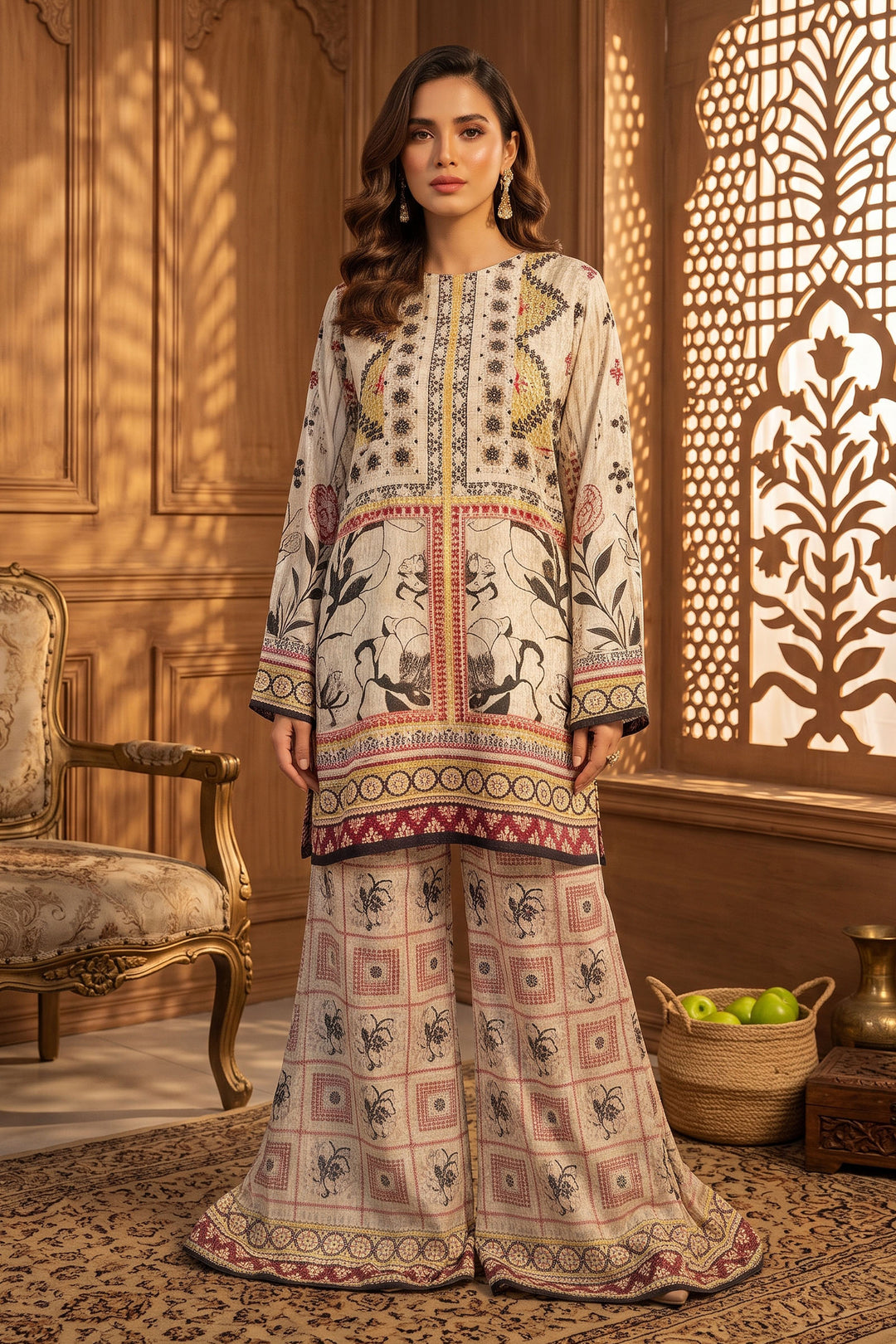 Beige 2 Piece Unstitched Printed Cambric Co-Ord Set