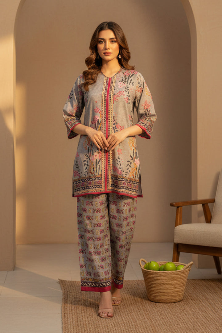 Pale Silver 2 Piece Unstitched Printed Cambric Co-Ord Set
