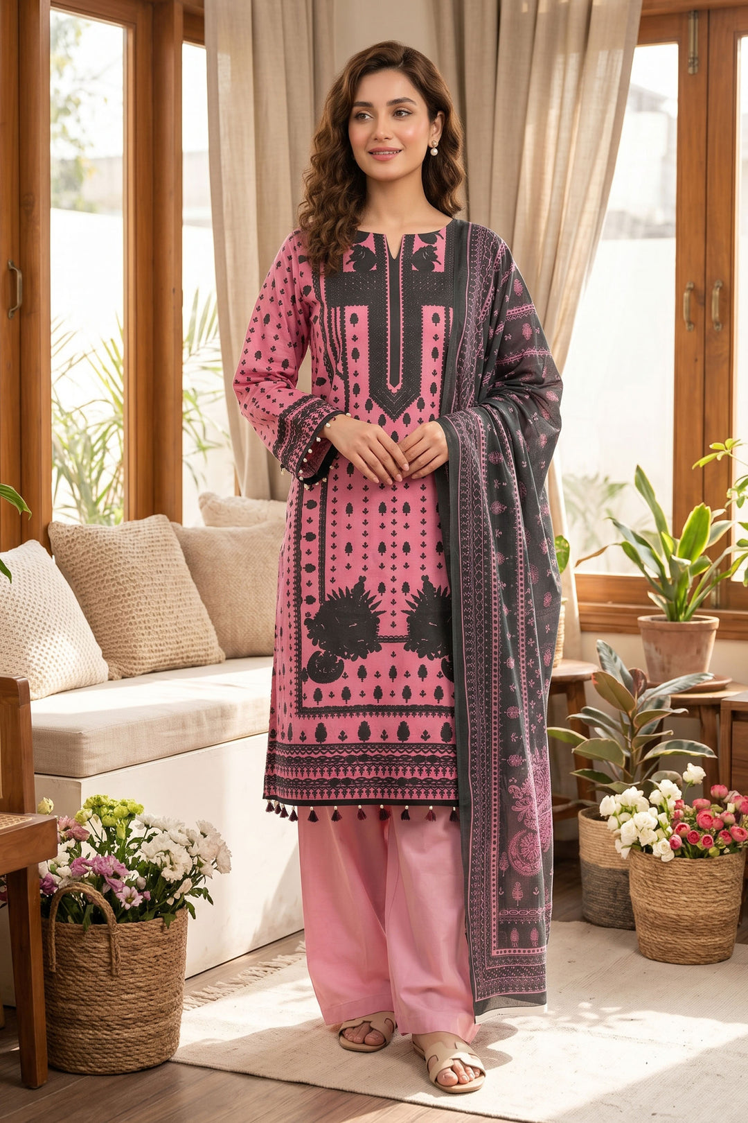 Pink 3 Piece Unstitched Premium Printed Lawn