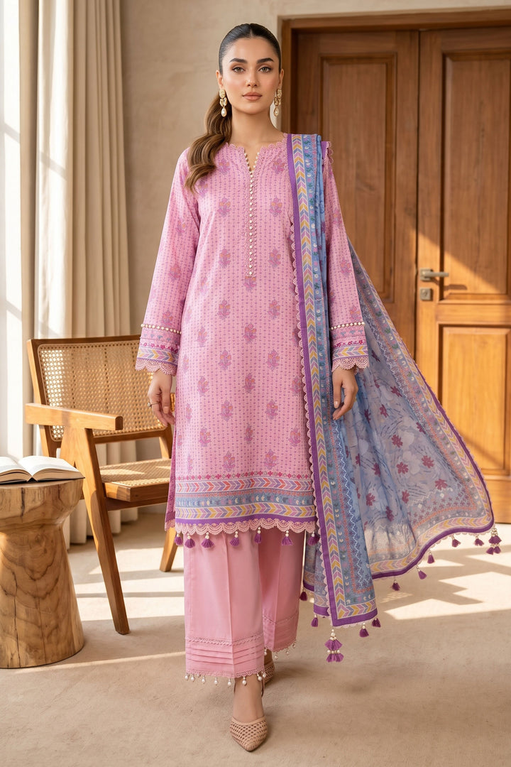 Pink 3 Piece Unstitched Premium Printed Lawn