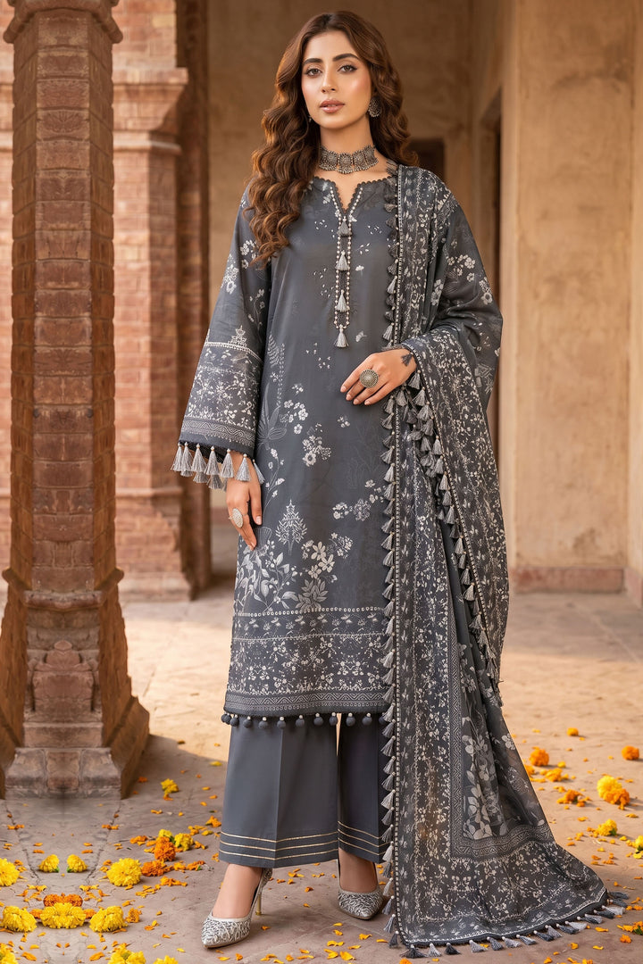3 Piece Unstitched Grey Premium Lawn