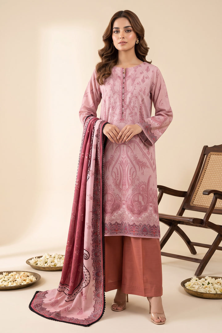 3 Piece Unstitched Tea Pink Khaddar