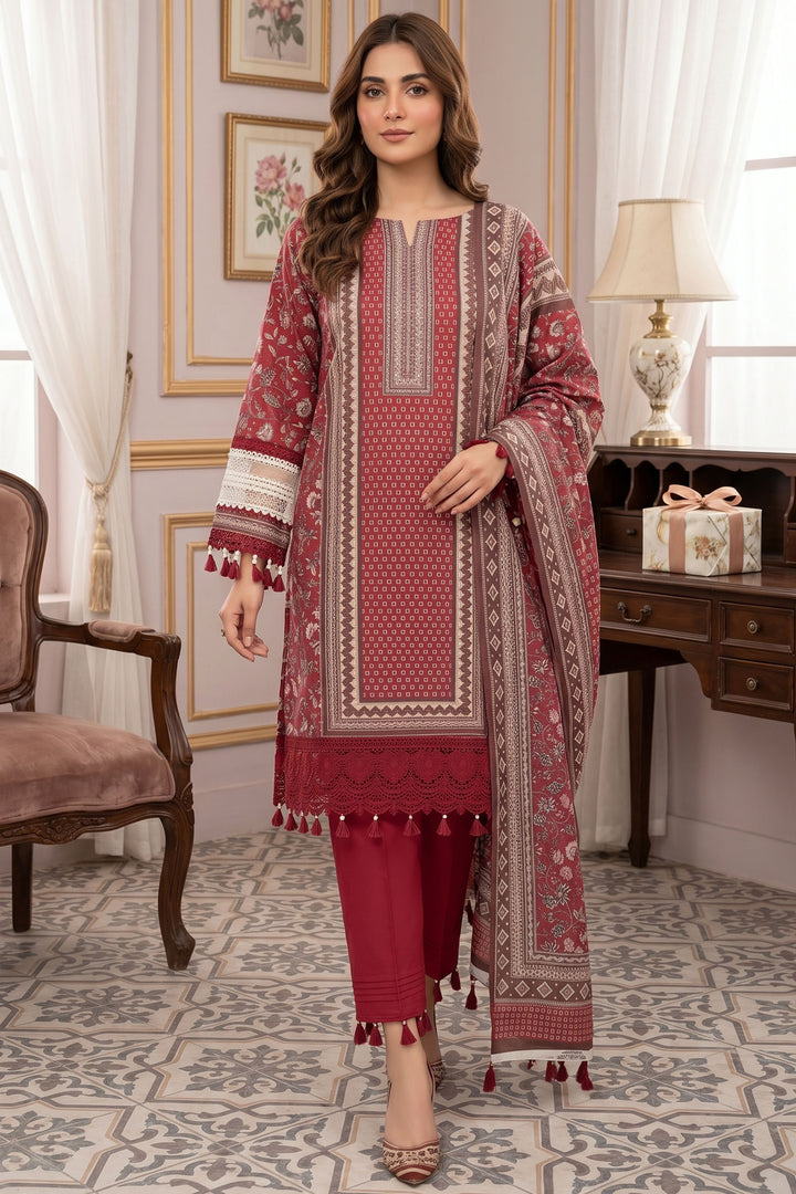Maroon 3 Piece Unstitched Premium Printed Lawn